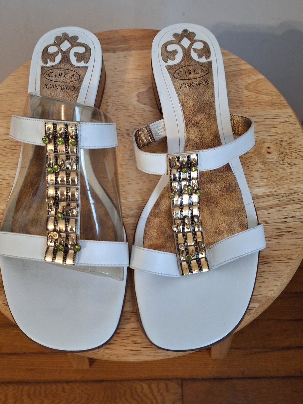 Joan & David White Slide Sandals with Gold & Green Jeweled Accent